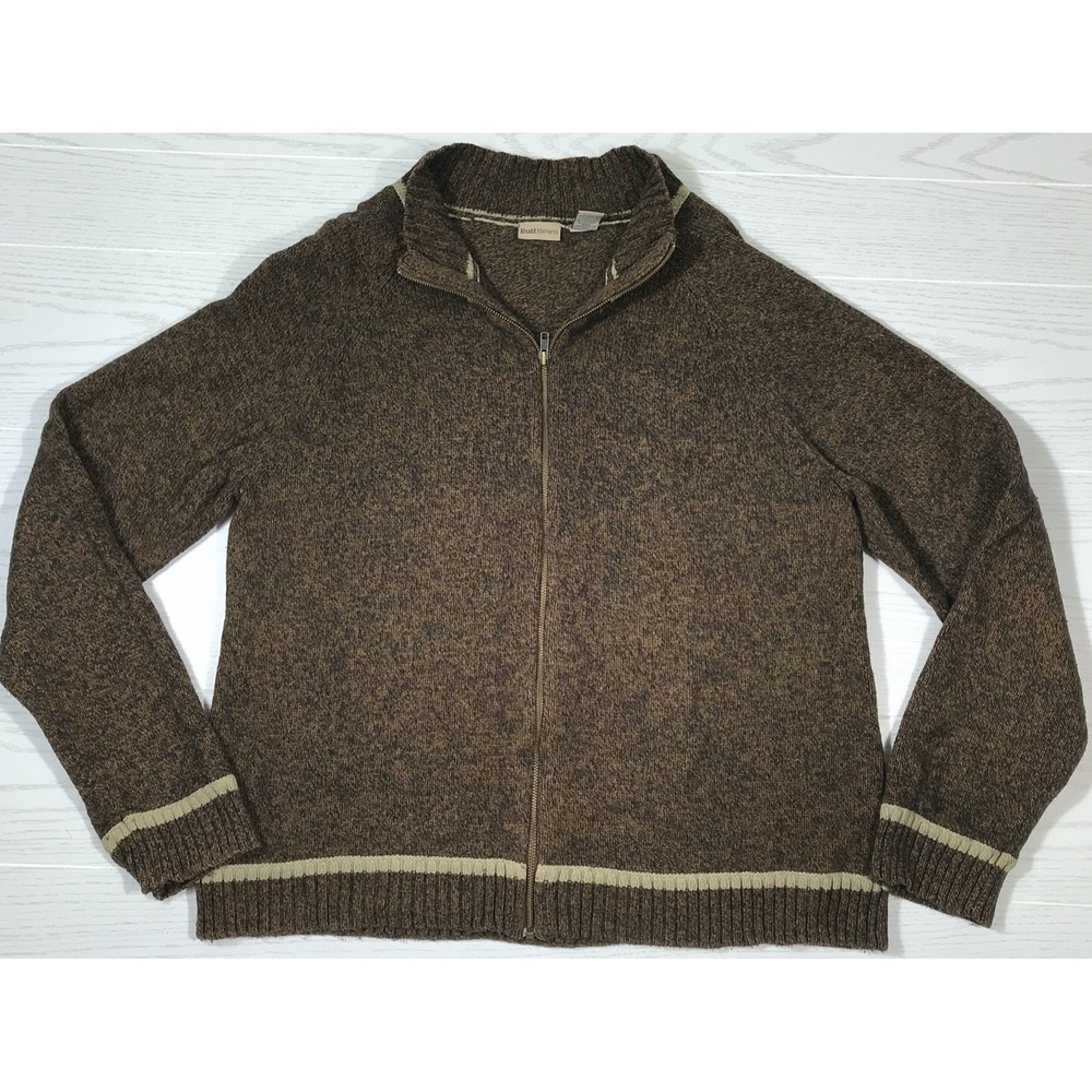 Vintage Ruff Hewn Sweater Men L Brown Full Zip Cardigan Cotton Wool Blend Dad